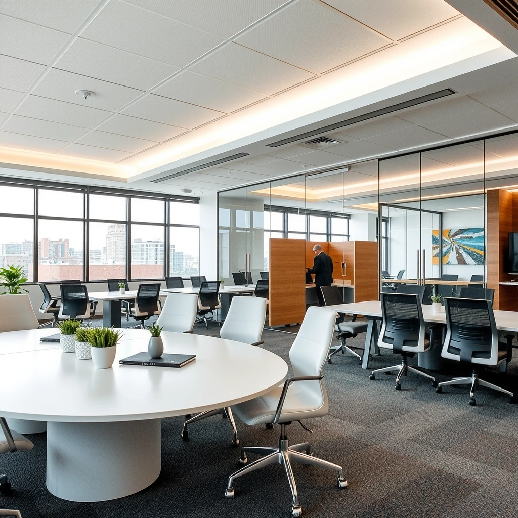 Modern office interior with collaboration spaces and professional meeting rooms
