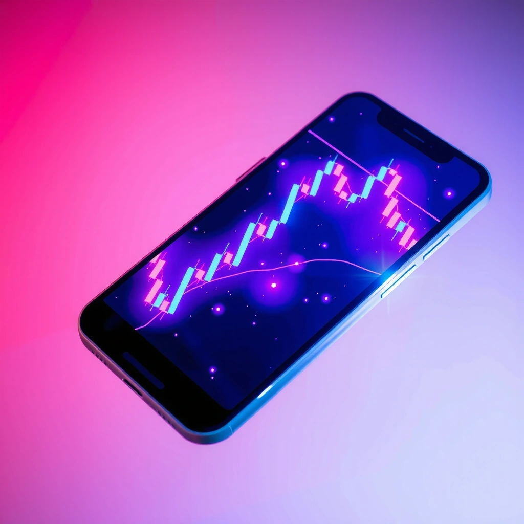 Smartphone displaying abstract neon trading charts with candlesticks rising